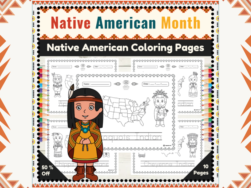 Native American Tribes Coloring Sheets with Handwriting Practice