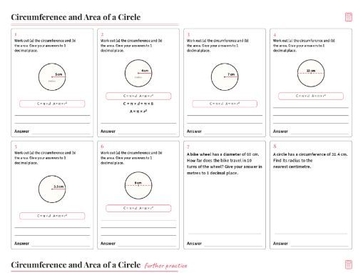 Circle Area and Circumference Worksheet GCSE