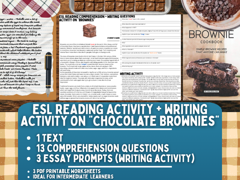 ESL Reading Comprehension + Writing Activity Worksheets on "Chocolate Brownies"