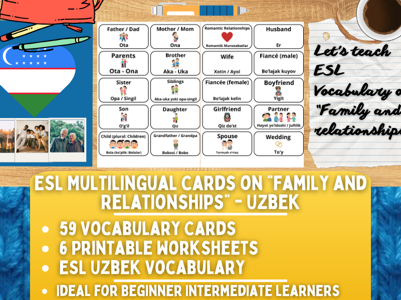 ESL Multilingual Vocabulary Flashcards - Family and Relationships - Uzbek