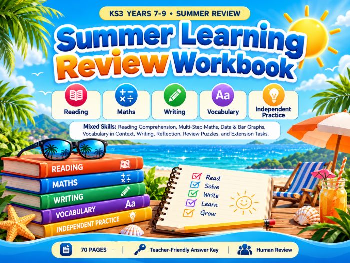 Summer Learning Review Workbook | KS3 Reading, Maths & Critical Thinking | 70 Pages