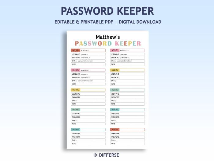 Editable Password Tracker | Password Keeper | Password Organizer | Password Log