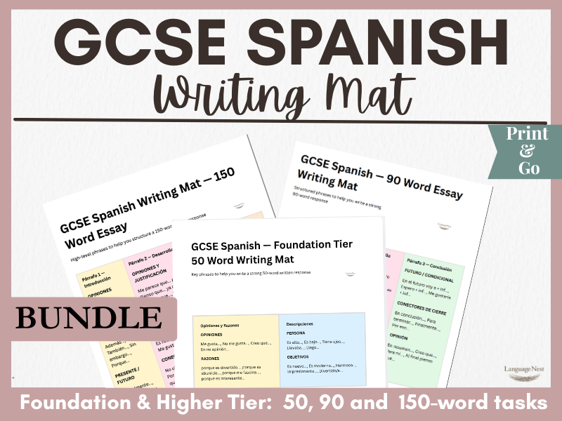 GCSE Spanish Writing Mats Bundle | 50 Word, 90 Word & 150 Word Essay Support for GCSE Spanish