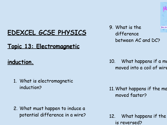 GCSE Edexcel Physics Topic 13: Electromagnetic Induction Revision Worksheet