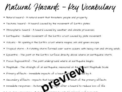 GCSE Geography - Natural Hazards Key Vocabulary
