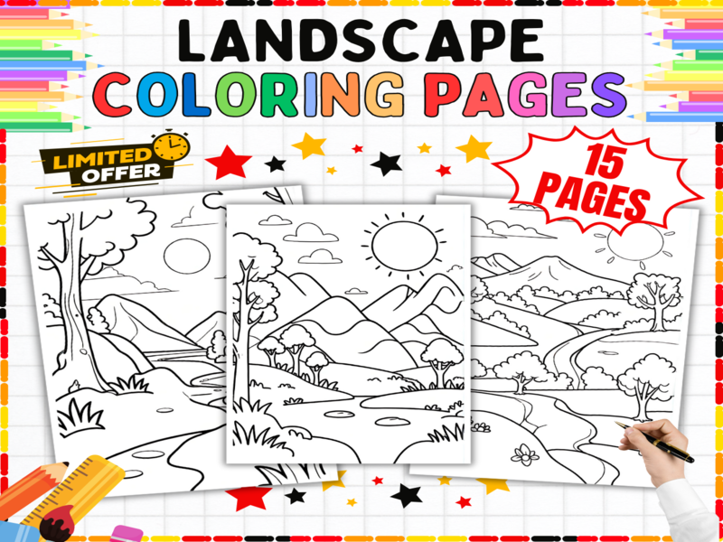 Landscape Colouring Pages | 15 Printable Nature Scenes Worksheets for Early Years Creative Art
