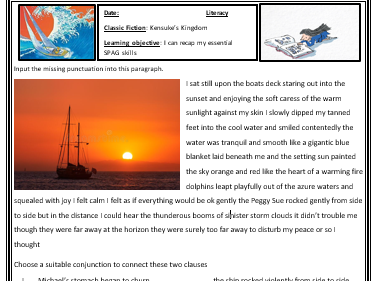 KS2/KS3 SPAG Kensuke's Kingdom Punctuation proof reading Clauses conjunctions vocabulary worksheet