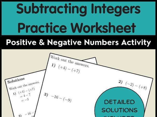 Subtracting Integers Practice Worksheet Positive & Negative Numbers Activity