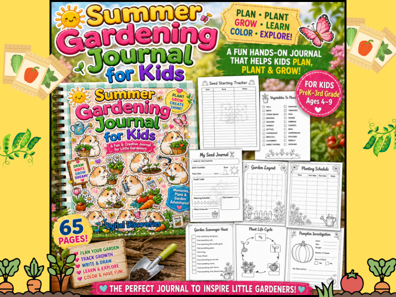 Kids Gardening Journal for PreK-3rd Grade PDF | 65 Garden Planning Pages, Seed Trackers,