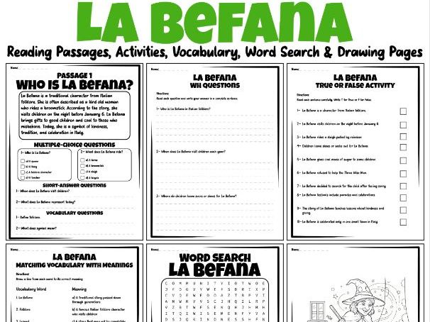 La Befana Reading Passages, Activities, Vocabulary, Word Search & Drawing Pages