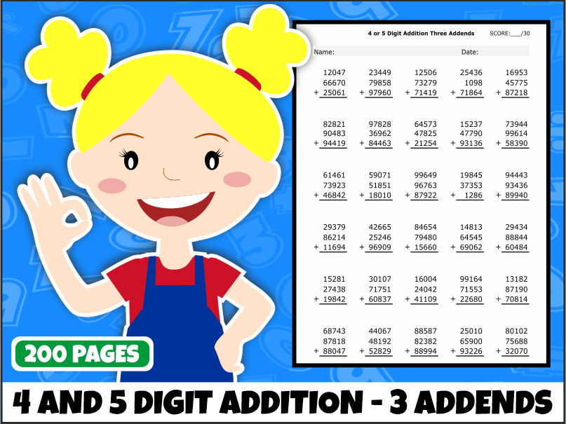 4- and 5-Digit Addition with Three Addends | 200 Printable Worksheets