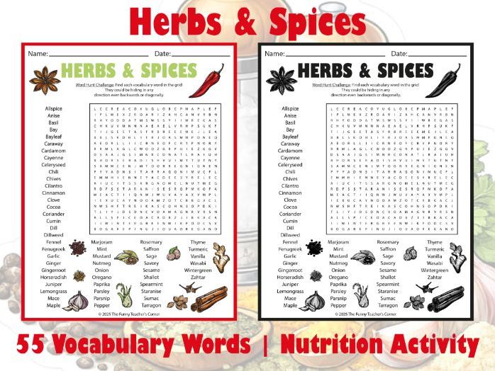 Herbs & Spices Word Search | 55 Vocabulary Words | Nutrition Activity