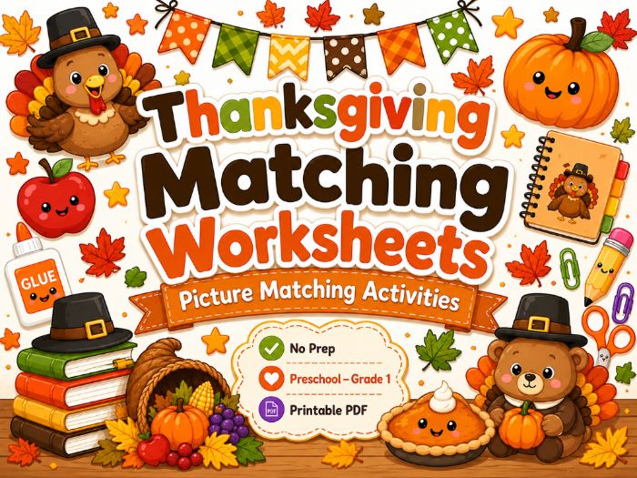 Thanksgiving Matching Worksheets | Picture, Shadow, Numbers, Letters, Shapes & Colors | Preschool–1