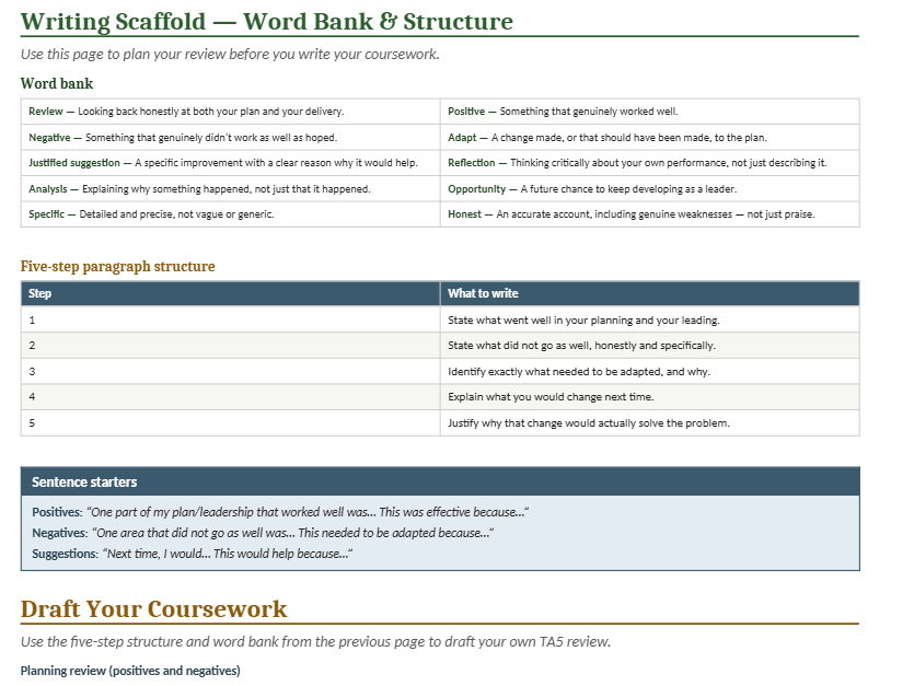 R185 TA5 Reviewing a Session: Work Booklet & Answer Booklet | OCR Cambridge National Sport Studies