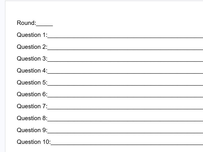 Blank; Quiz Answer Response Sheet