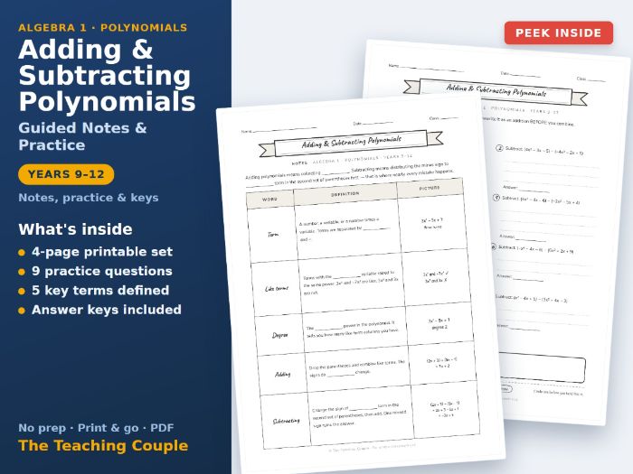 Adding & Subtracting Polynomials Guided Notes & Practice + Answer Keys