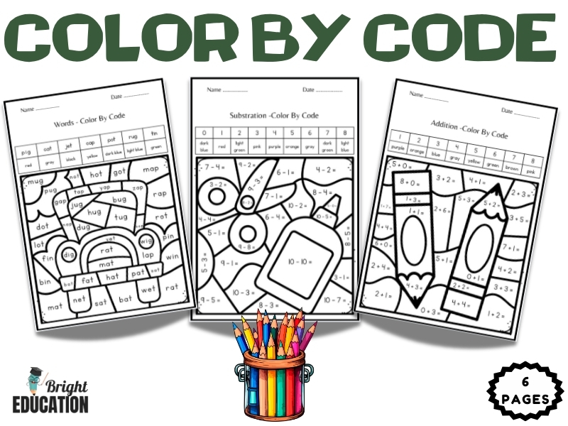 Color by Code Math Worksheets | Addition, Subtraction & Sight Words Coloring Activities