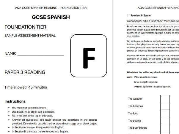 GCSE Spanish Reading Practice (AQA) – Complete Resource with Mark Scheme