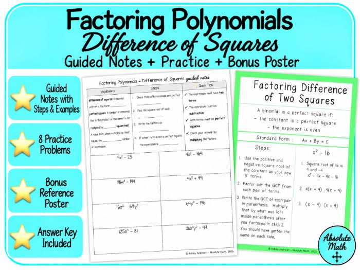Factoring Difference of Squares Guided Notes | Practice & Bonus Poster