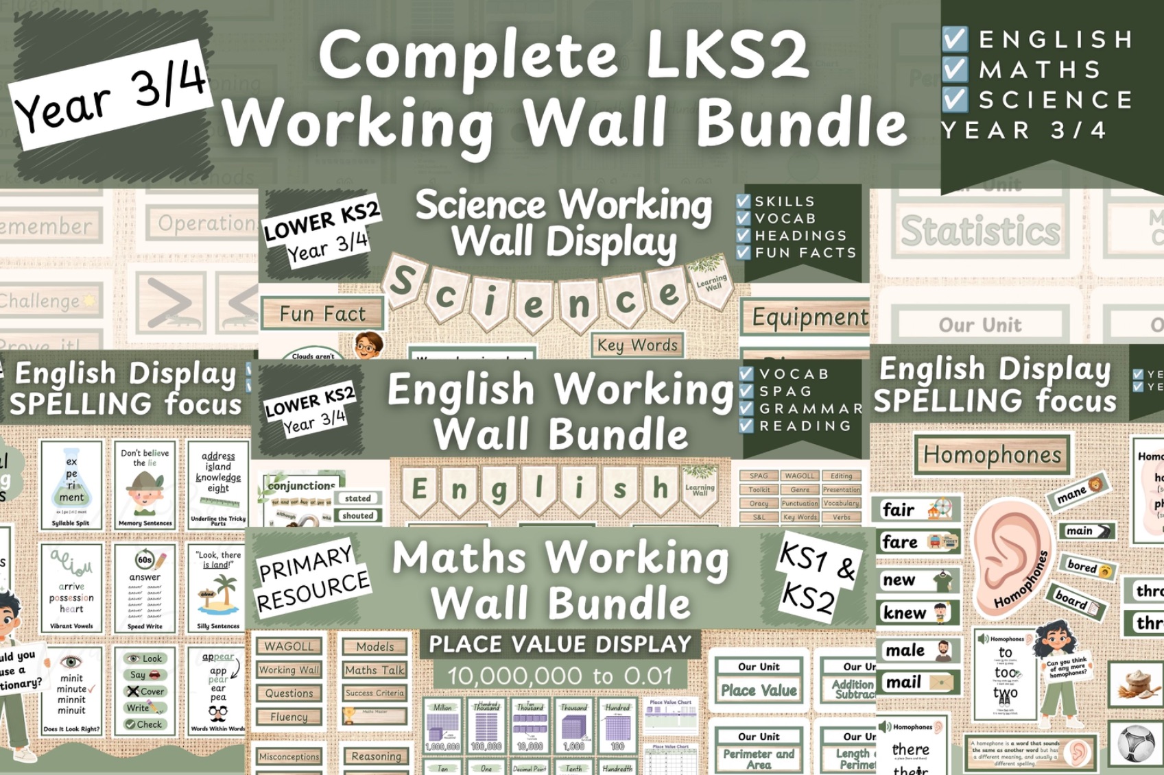 Lower Key Stage Two English, Maths & Science Working Wall, Complete Bundle Year 3 & 4, Calm Neutral Classroom