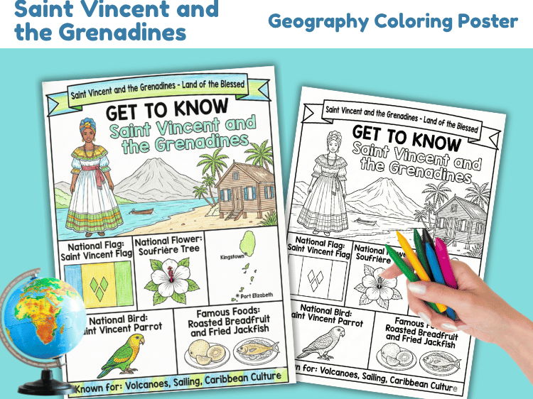 Saint Vincent and the Grenadines Geography Coloring Poster | Country Facts & Culture