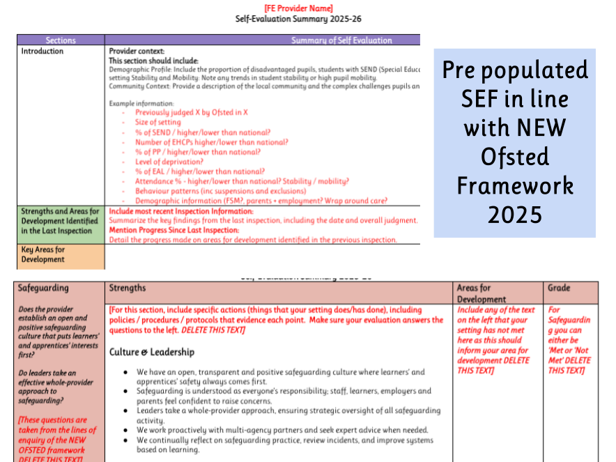 SEF Template Populated with NEW Oftsed 2025 Framework (Further Education and Skills)