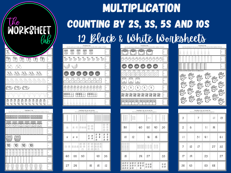 Multiplication: Skip Counting by 2s, 3s, 5s and 10s Worksheets in Black and White