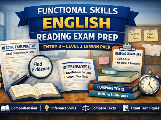 Functional Skills English Reading Exam Prep – Complete Lesson Pack (Entry 3–Level 2) | Worksheets & PPTs
