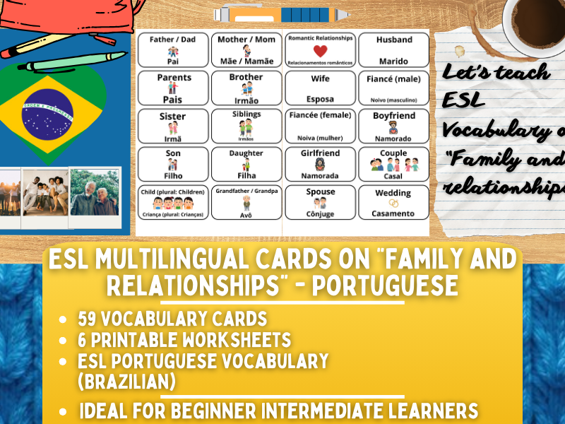 ESL Multilingual Vocabulary Flashcards - Family and Relationships - Portuguese
