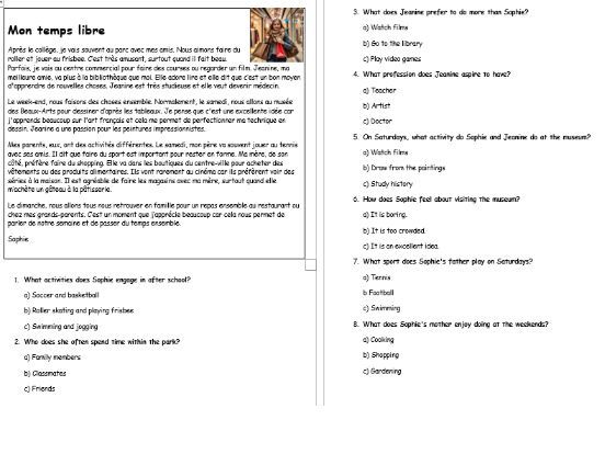 French - GCSE - National-5 -  Free time - Reading Practice