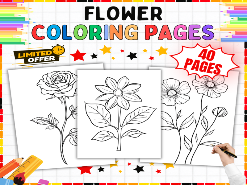 40 Flowers Colouring Sheets Beautiful Roses Botanical Art Activities for Young Learners