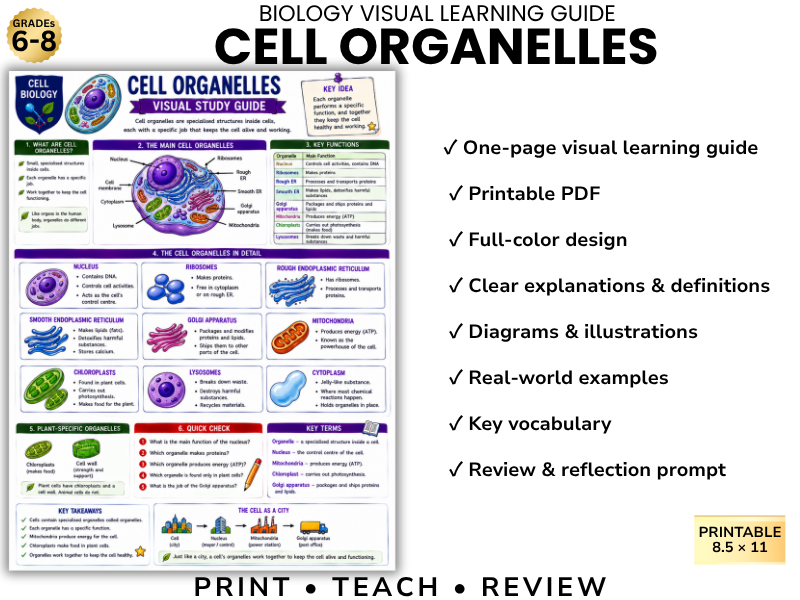 CELL ORGANELLES Biology Visual Learning Guide | Grade 8 & Middle School Science