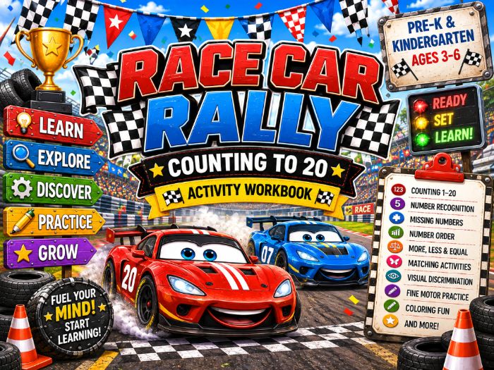 Race Car Counting to 20 Worksheets | Number Recognition & Early Math Activities | PreK–Kindergarten