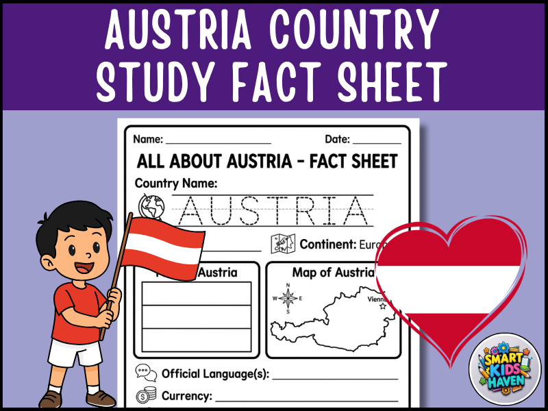 Austria Map and Flag Country Study Research Project Geography Worksheet Activity