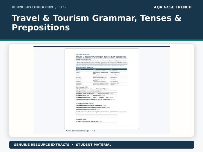 AQA GCSE French 8652 - Travel & Tourism Grammar, Tenses & Prepositions