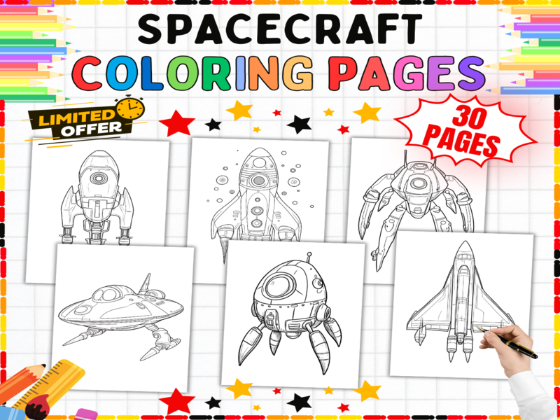 Spacecraft Colouring Pages | 30 Space Themed Worksheets | Rocket & UFO Art Activities for Kids