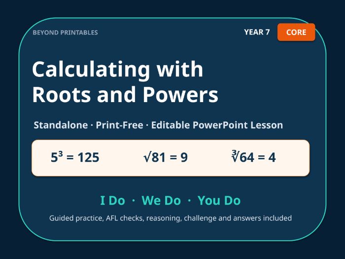 Calculating with Roots and Powers | Year 7 Core Maths | Standalone Print-Free I Do–We Do–You Do Powe