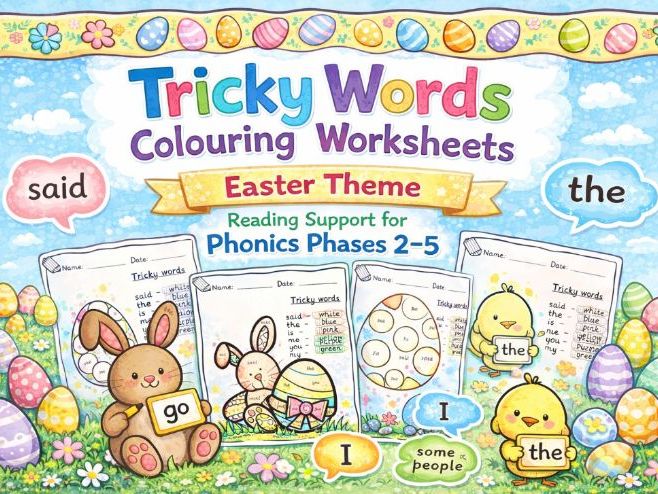 Reception/Year 1  - Tricky words colouring worksheet Easter theme, phase 2 - 5