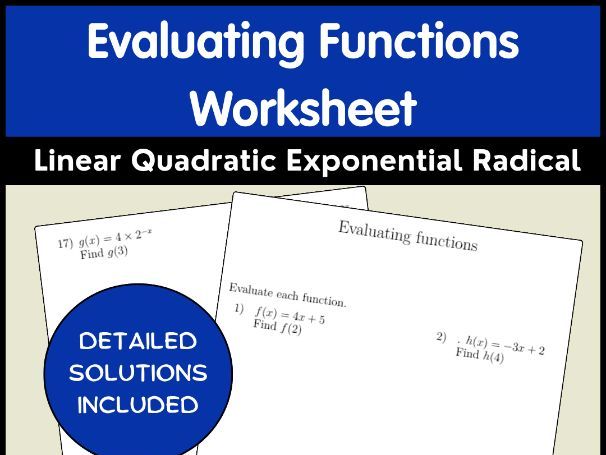 Evaluating Functions Worksheet | Linear Quadratic Exponential Radical