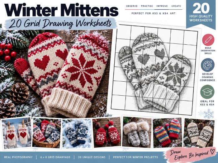 Winter Mittens Grid Drawing Worksheets | 20 Winter Art Activities | KS3 & KS4
