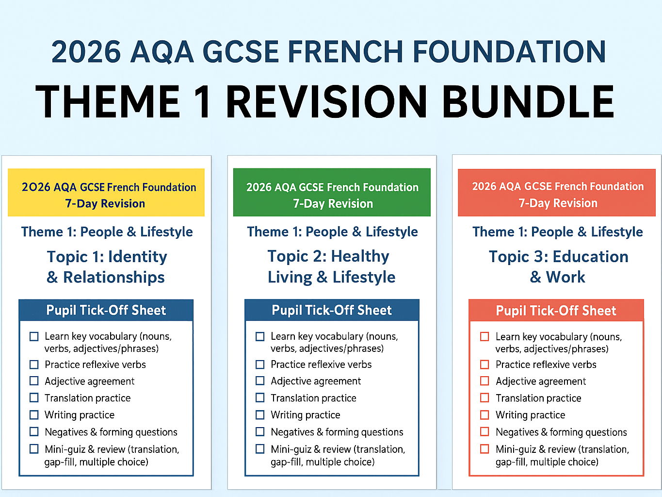 2026 AQA GCSE French Foundation – Theme 1 7-Day Revision Bundle