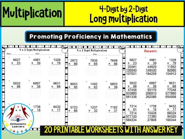 4-Digit by 2-Digit Long Multiplication Worksheets Math Problems