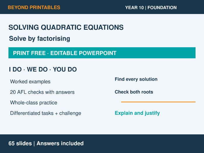 Solving Quadratic Equations | I Do, We Do, You Do | Year 10 Maths Foundation | Print Free