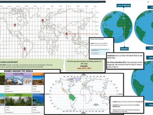 KS2 Geography - Latitude & Longitude |coordinates to locate biomes | atlas/map skills