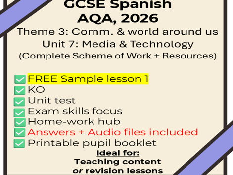 Free Sample – Lesson 1 - AQA GCSE Spanish 2026: Theme 3, Unit 7 Media & Technology