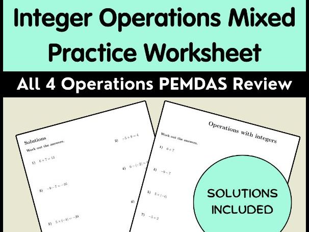 Integer Operations Mixed Practice Worksheet | All 4 Operations PEMDAS Review