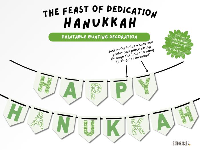Hanukkah Bunting Decoration, Green Printable Banner PDF