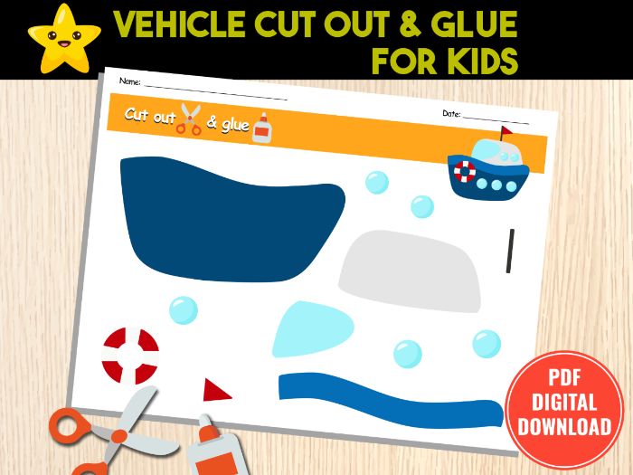 Vehicle Cut Out and Glue Activity for Kids, Cutting Practice Activity