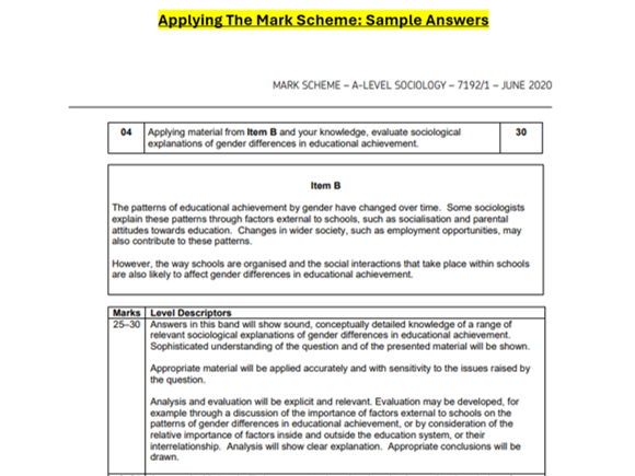 Sociology: Mark Scheme Application - 30 Mark Question - Sample Answers (FREE)