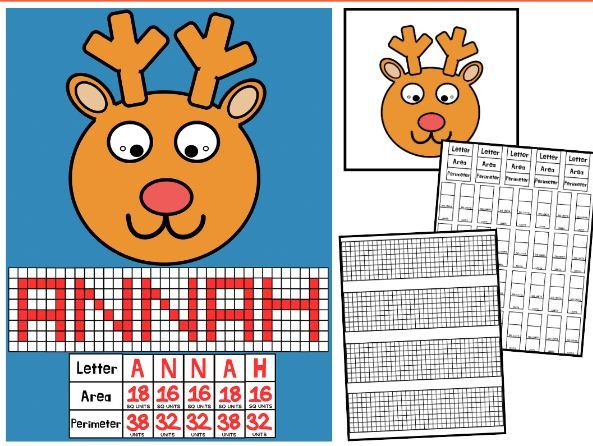 Reindeer Area & Perimeter Name Craft | Winter Christmas Math Activity Display
